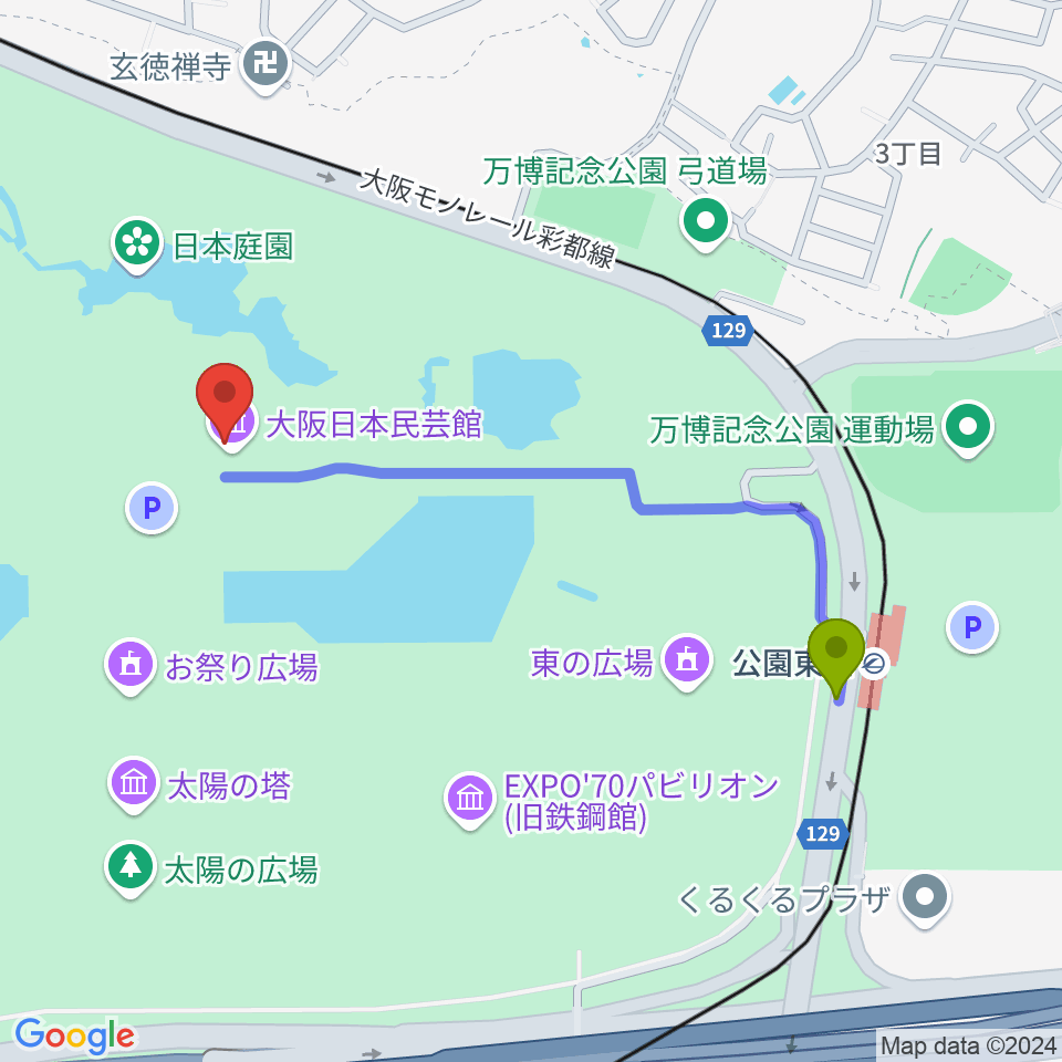 大阪日本民芸館の最寄駅公園東口駅からの徒歩ルート（約10分）地図