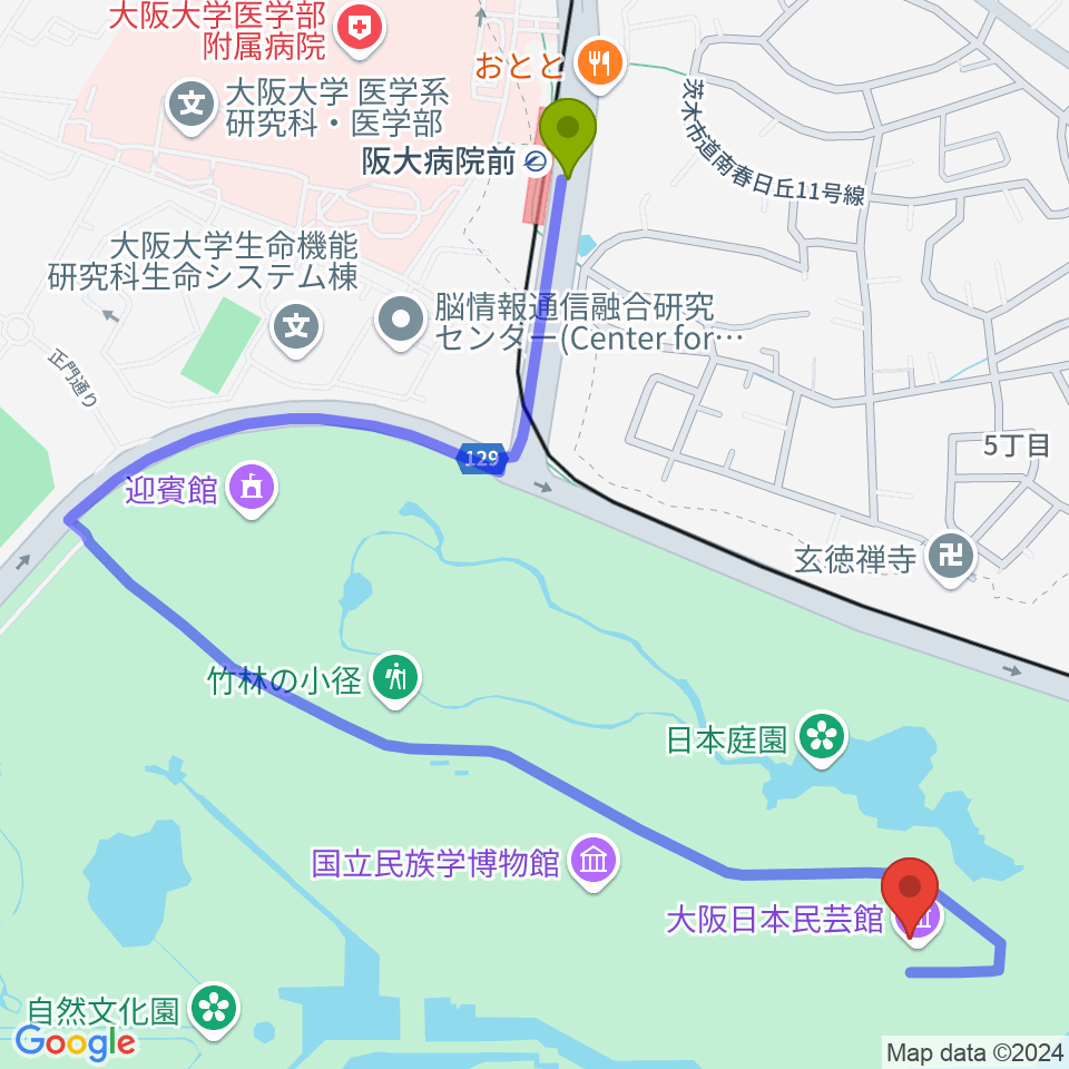 阪大病院前駅から大阪日本民芸館へのルートマップ地図