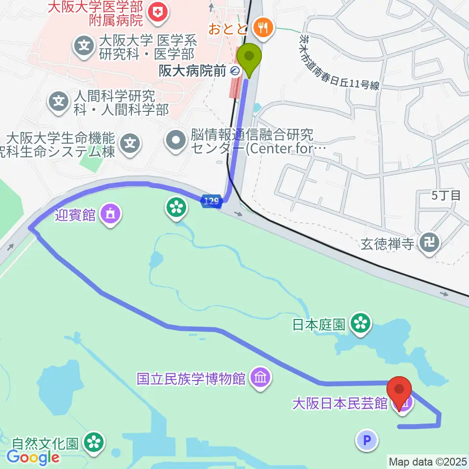 阪大病院前駅から大阪日本民芸館へのルートマップ地図