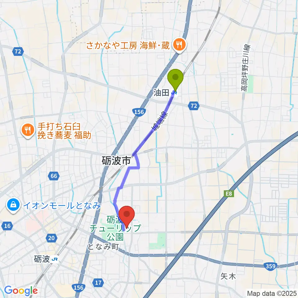 油田駅から砺波市美術館へのルートマップ地図