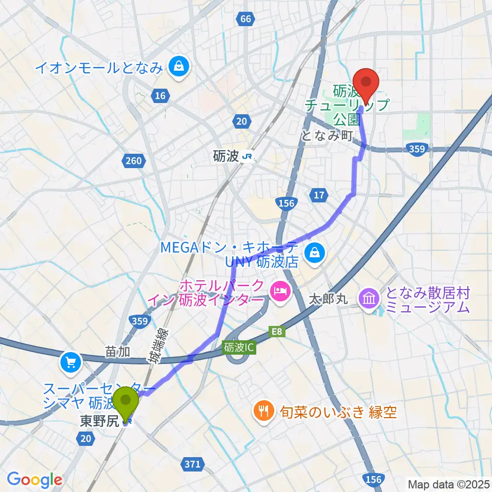 東野尻駅から砺波市美術館へのルートマップ地図