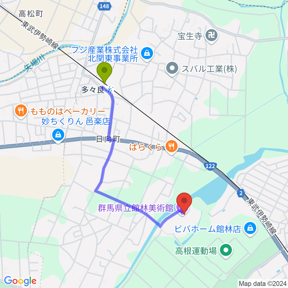 群馬県立館林美術館の最寄駅多々良駅からの徒歩ルート（約16分）地図