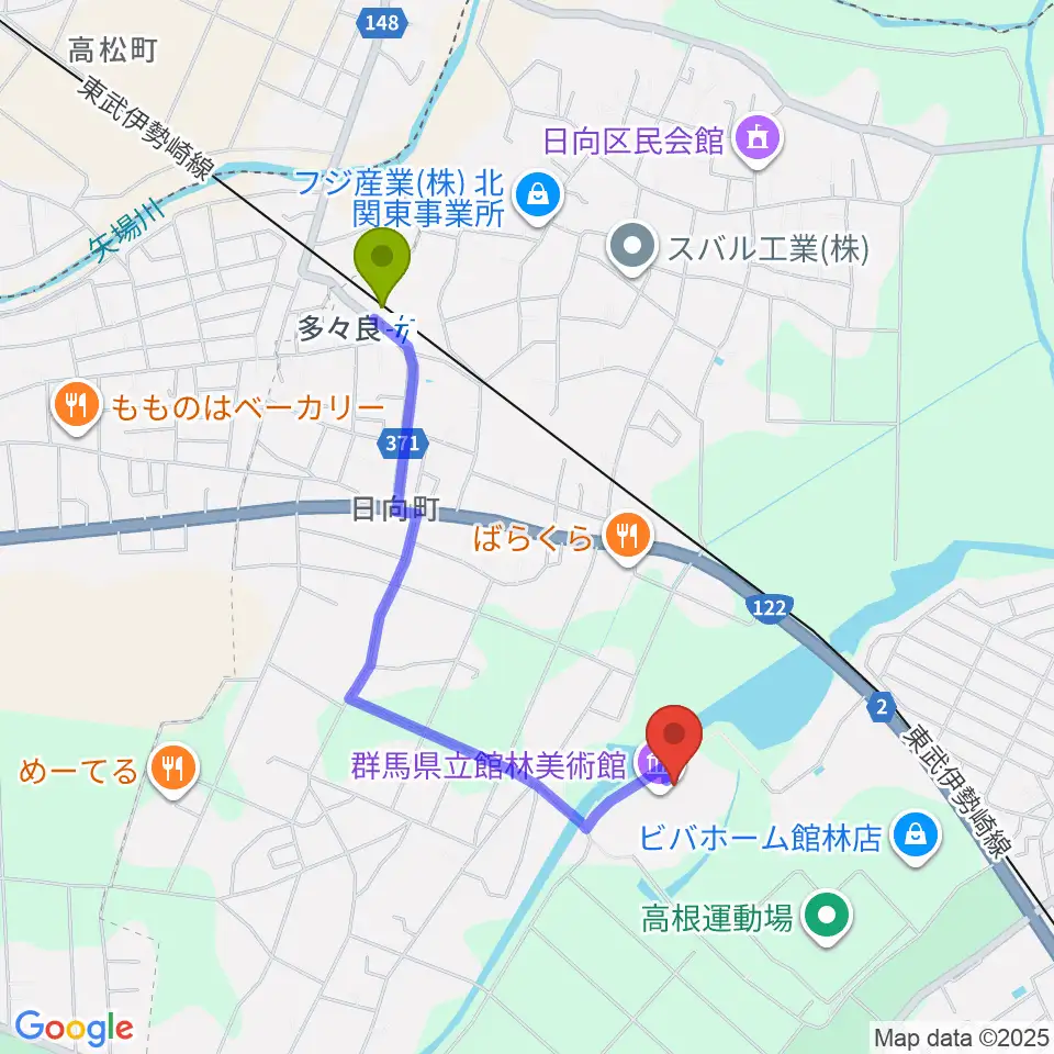 群馬県立館林美術館の最寄駅多々良駅からの徒歩ルート（約16分）地図