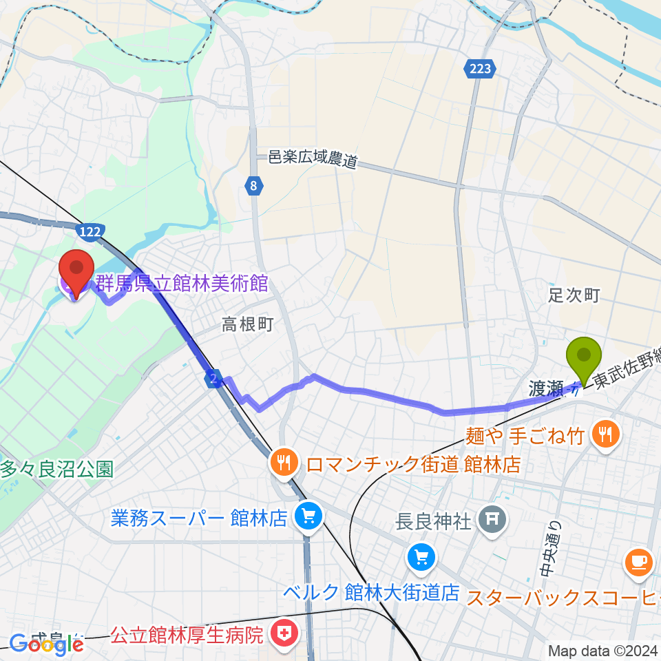 渡瀬駅から群馬県立館林美術館へのルートマップ地図