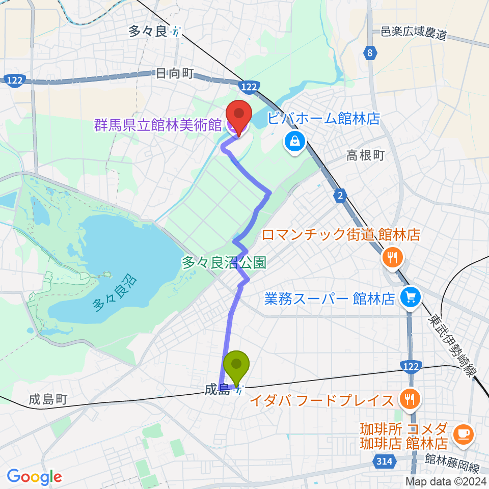 成島駅から群馬県立館林美術館へのルートマップ地図