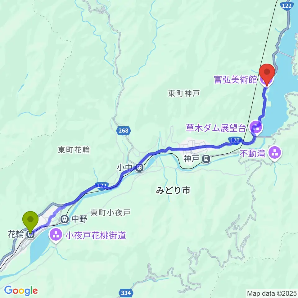 花輪駅から富弘美術館へのルートマップ地図