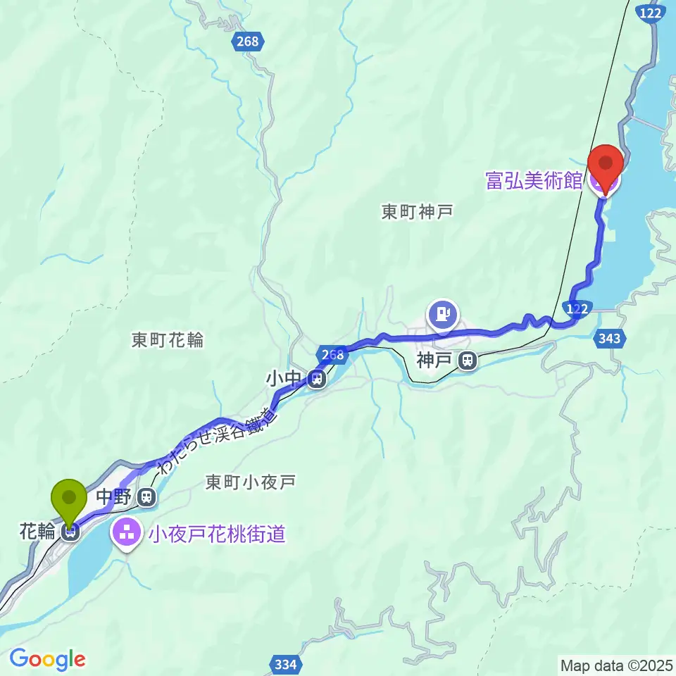 花輪駅から富弘美術館へのルートマップ地図