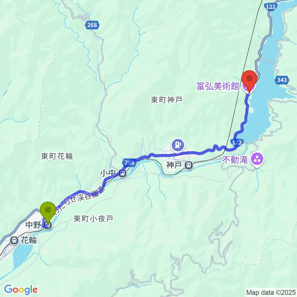 中野駅から富弘美術館へのルートマップ地図