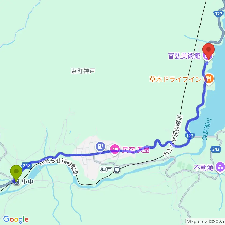 小中駅から富弘美術館へのルートマップ地図
