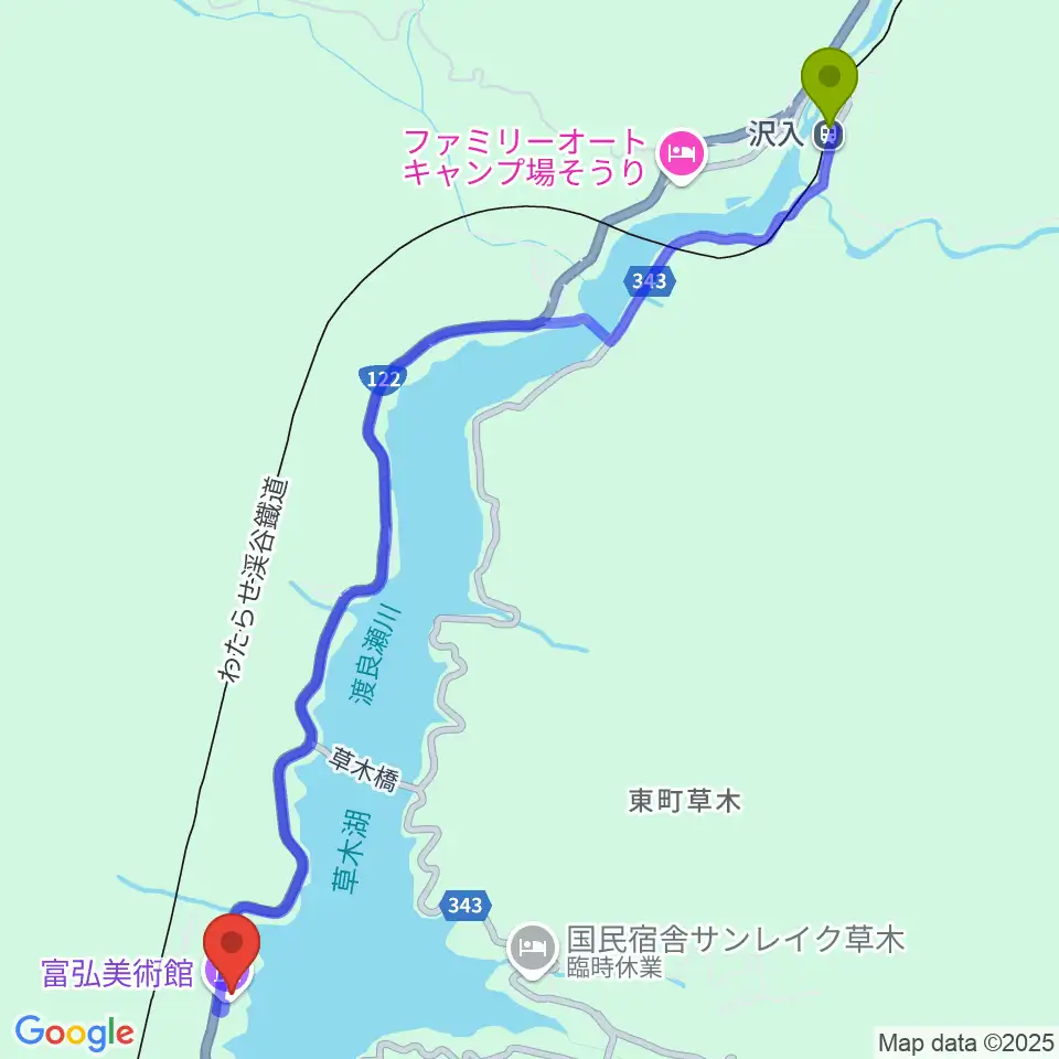 沢入駅から富弘美術館へのルートマップ地図