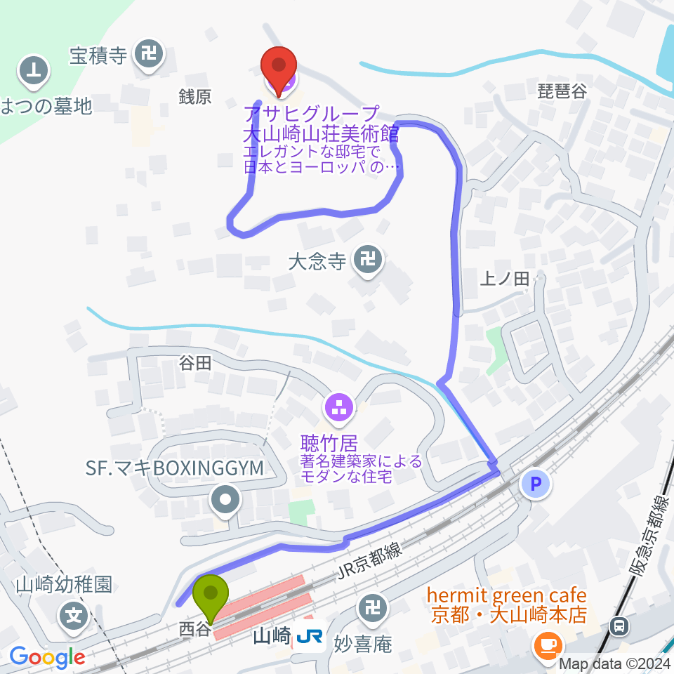 アサヒビール大山崎山荘美術館の最寄駅山崎駅からの徒歩ルート（約6分）地図