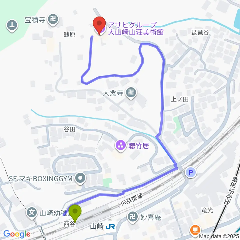 アサヒビール大山崎山荘美術館の最寄駅山崎駅からの徒歩ルート（約6分）地図