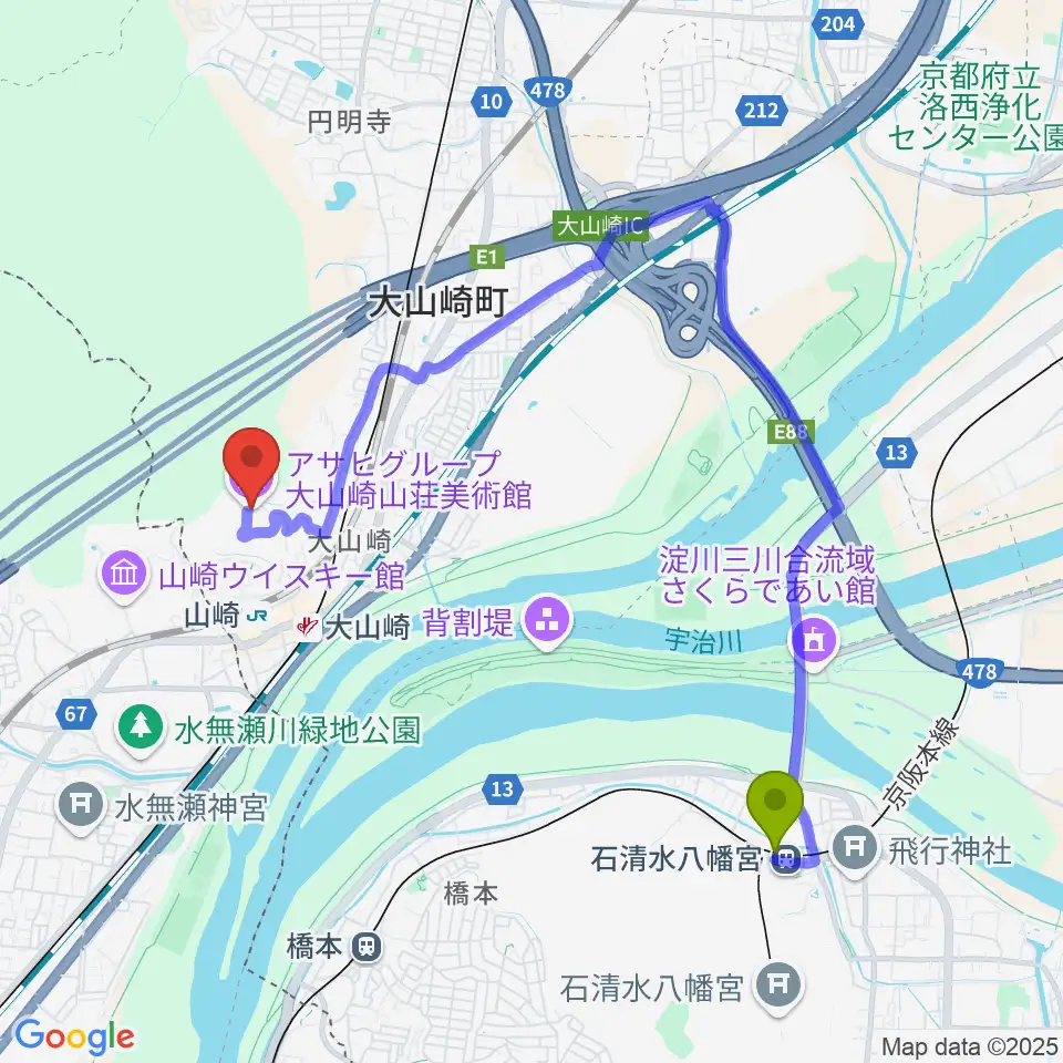 石清水八幡宮駅からアサヒビール大山崎山荘美術館へのルートマップ地図