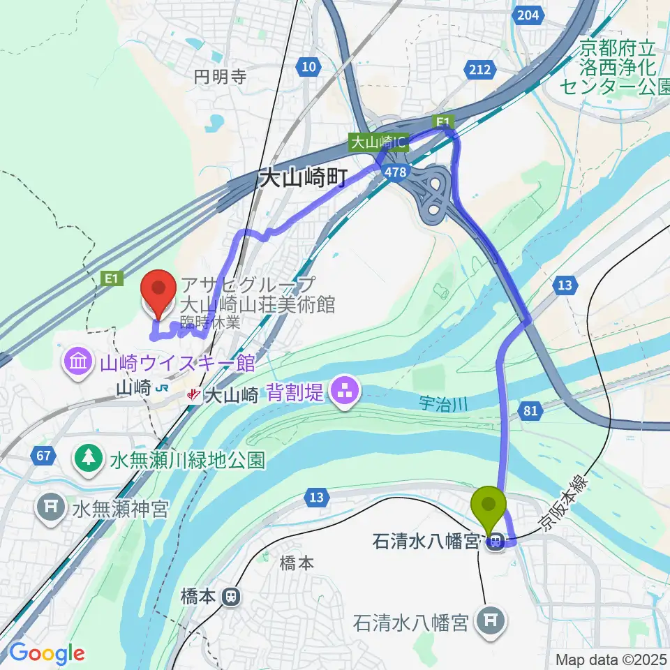 石清水八幡宮駅からアサヒビール大山崎山荘美術館へのルートマップ地図
