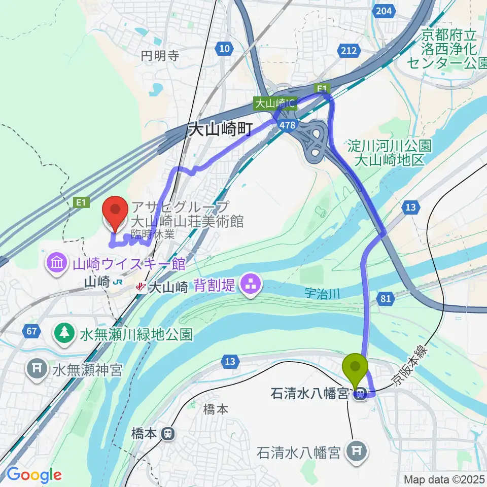 石清水八幡宮駅からアサヒビール大山崎山荘美術館へのルートマップ地図