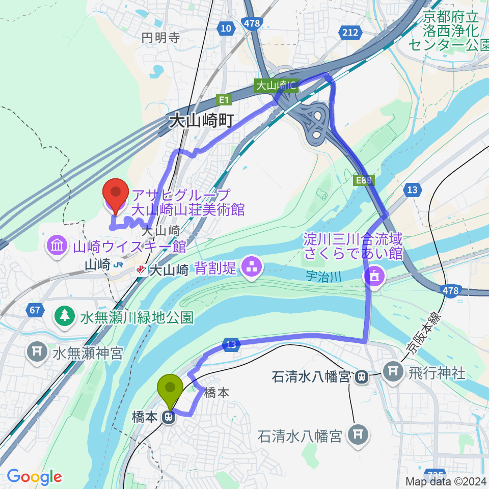 橋本駅からアサヒビール大山崎山荘美術館へのルートマップ地図