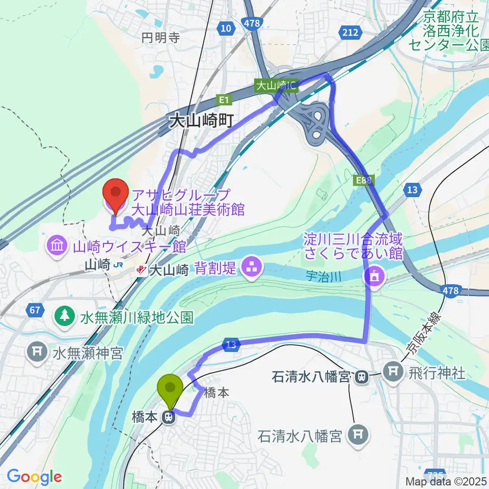 橋本駅からアサヒビール大山崎山荘美術館へのルートマップ地図