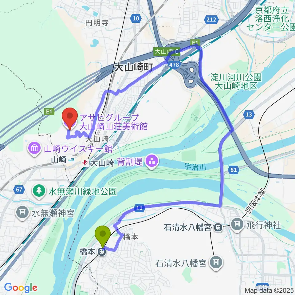 橋本駅からアサヒビール大山崎山荘美術館へのルートマップ地図