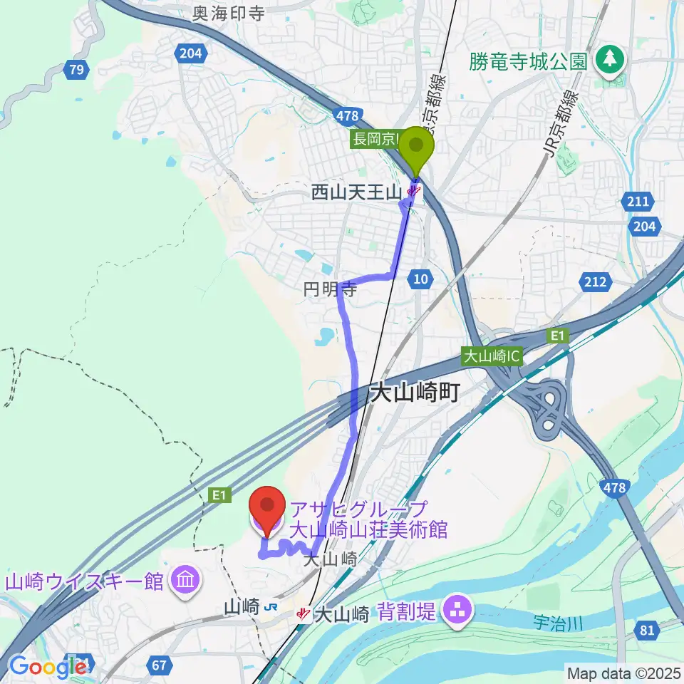 西山天王山駅からアサヒビール大山崎山荘美術館へのルートマップ地図