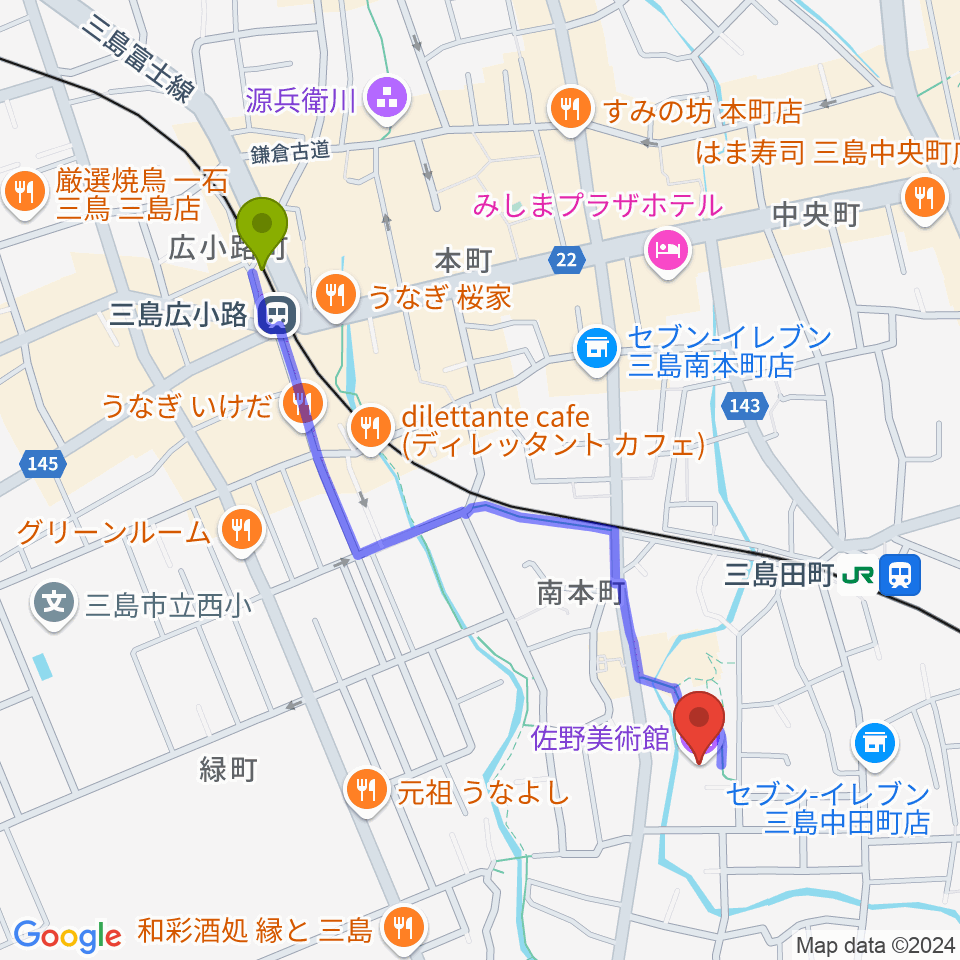 三島広小路駅から佐野美術館へのルートマップ地図