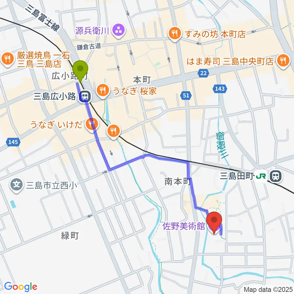 三島広小路駅から佐野美術館へのルートマップ地図
