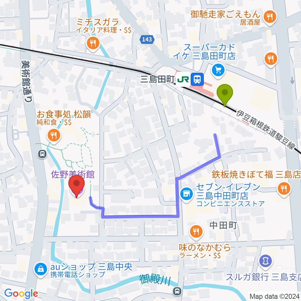 佐野美術館の最寄駅三島田町駅からの徒歩ルート（約5分）地図