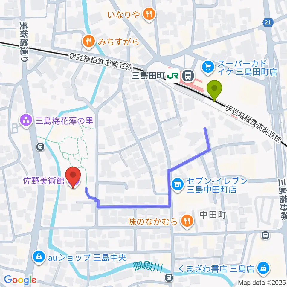 佐野美術館の最寄駅三島田町駅からの徒歩ルート（約5分）地図