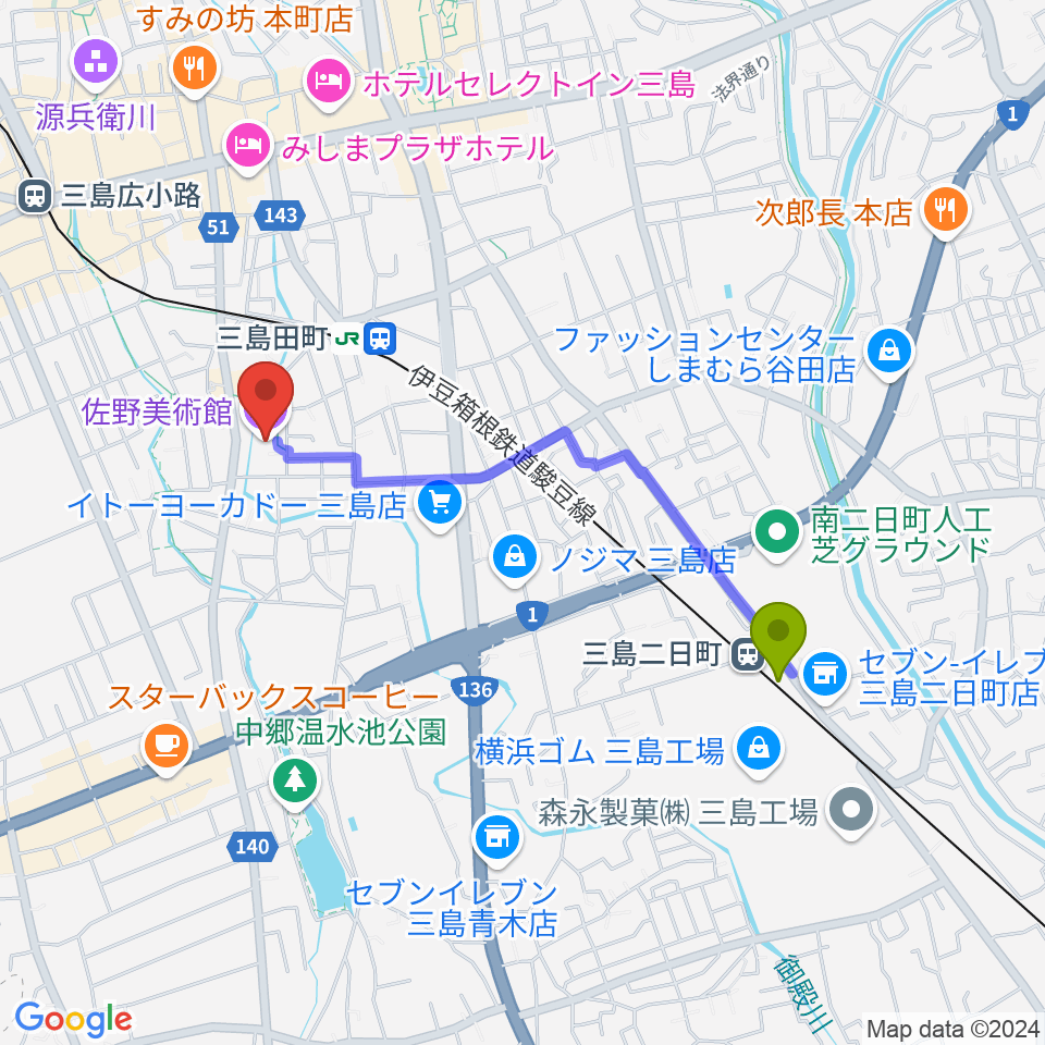 三島二日町駅から佐野美術館へのルートマップ地図