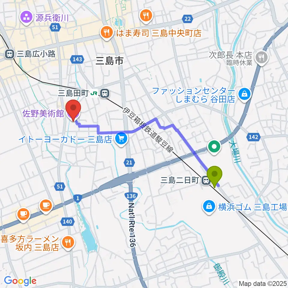 三島二日町駅から佐野美術館へのルートマップ地図