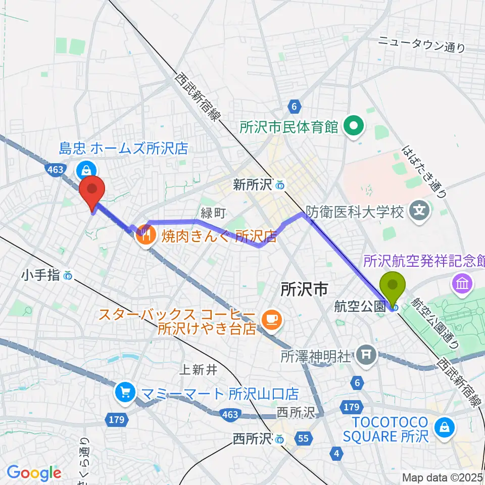 航空公園駅からサウンドショット 小手指店へのルートマップ地図