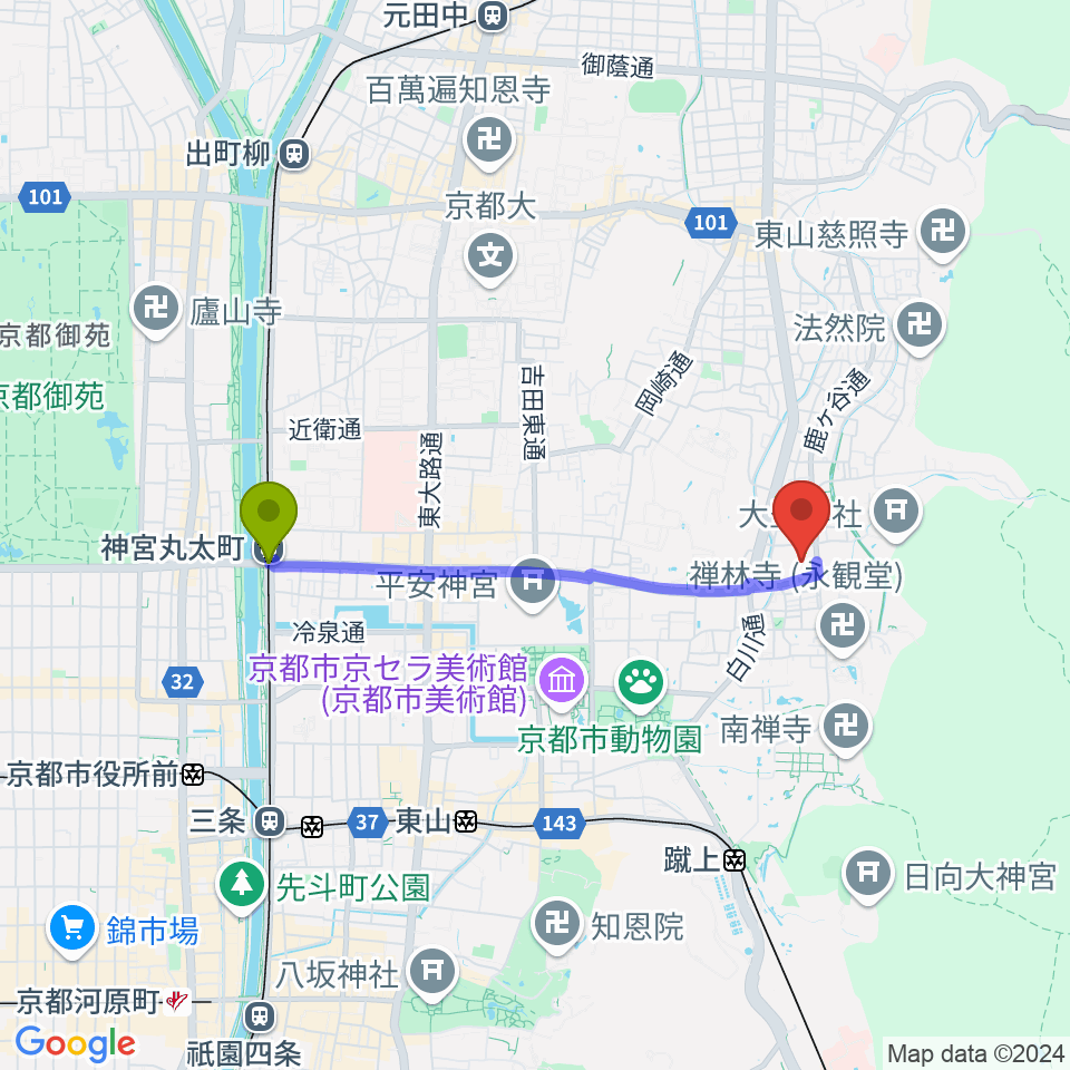 神宮丸太町駅から泉屋博古館へのルートマップ地図