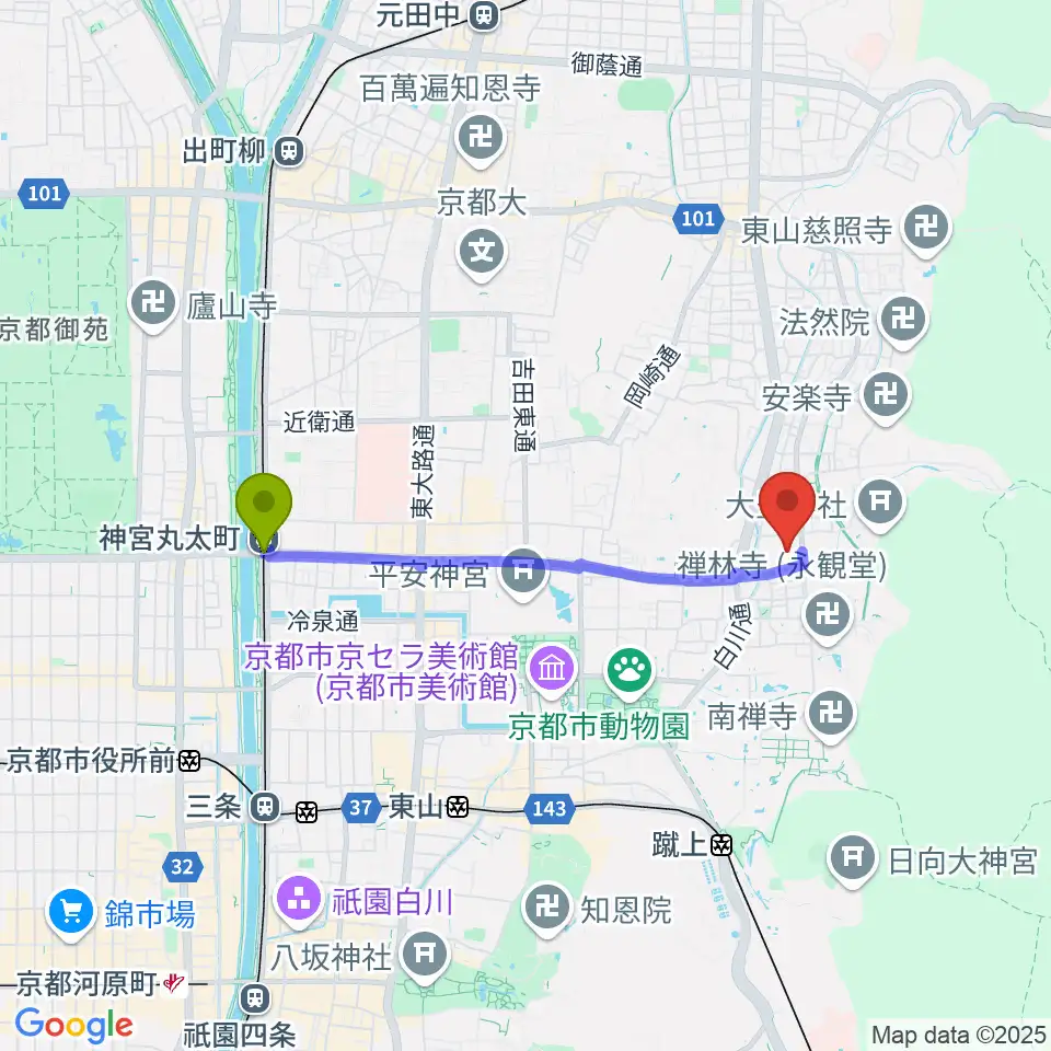 神宮丸太町駅から泉屋博古館へのルートマップ地図