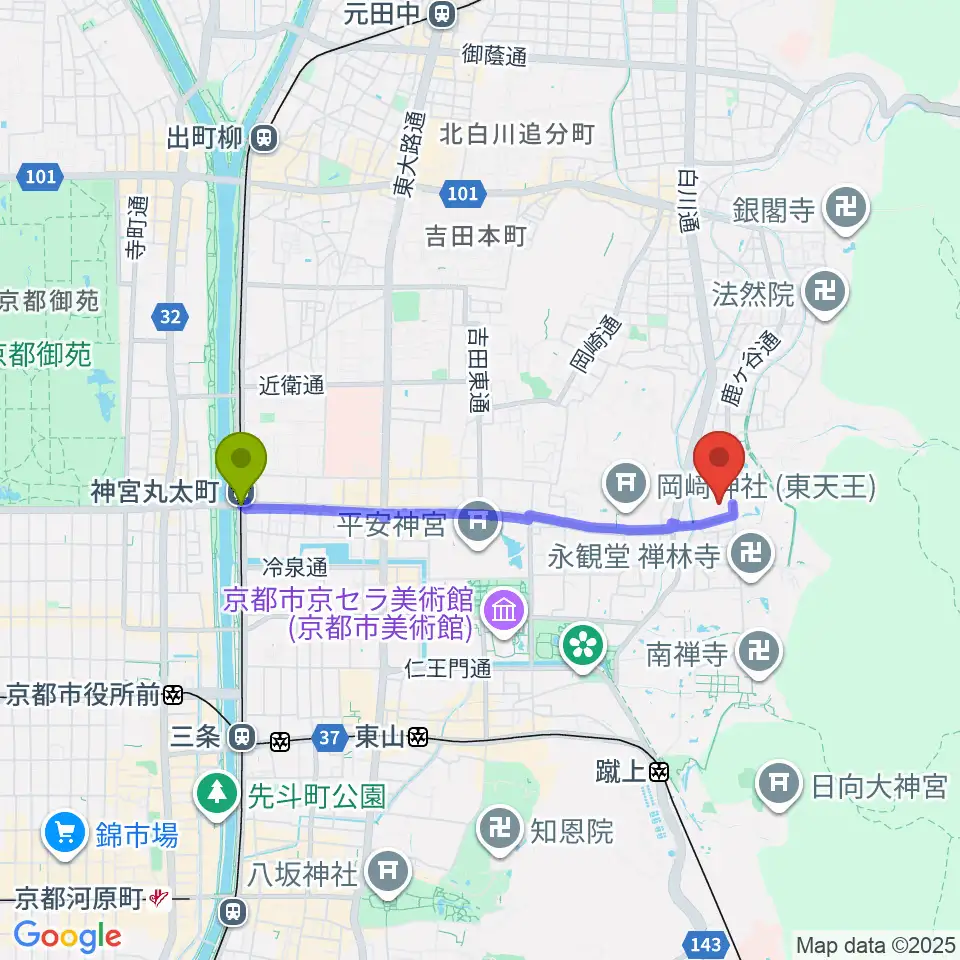 神宮丸太町駅から泉屋博古館へのルートマップ地図