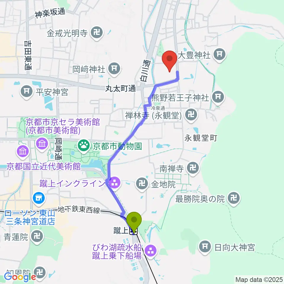 泉屋博古館の最寄駅蹴上駅からの徒歩ルート（約18分）地図