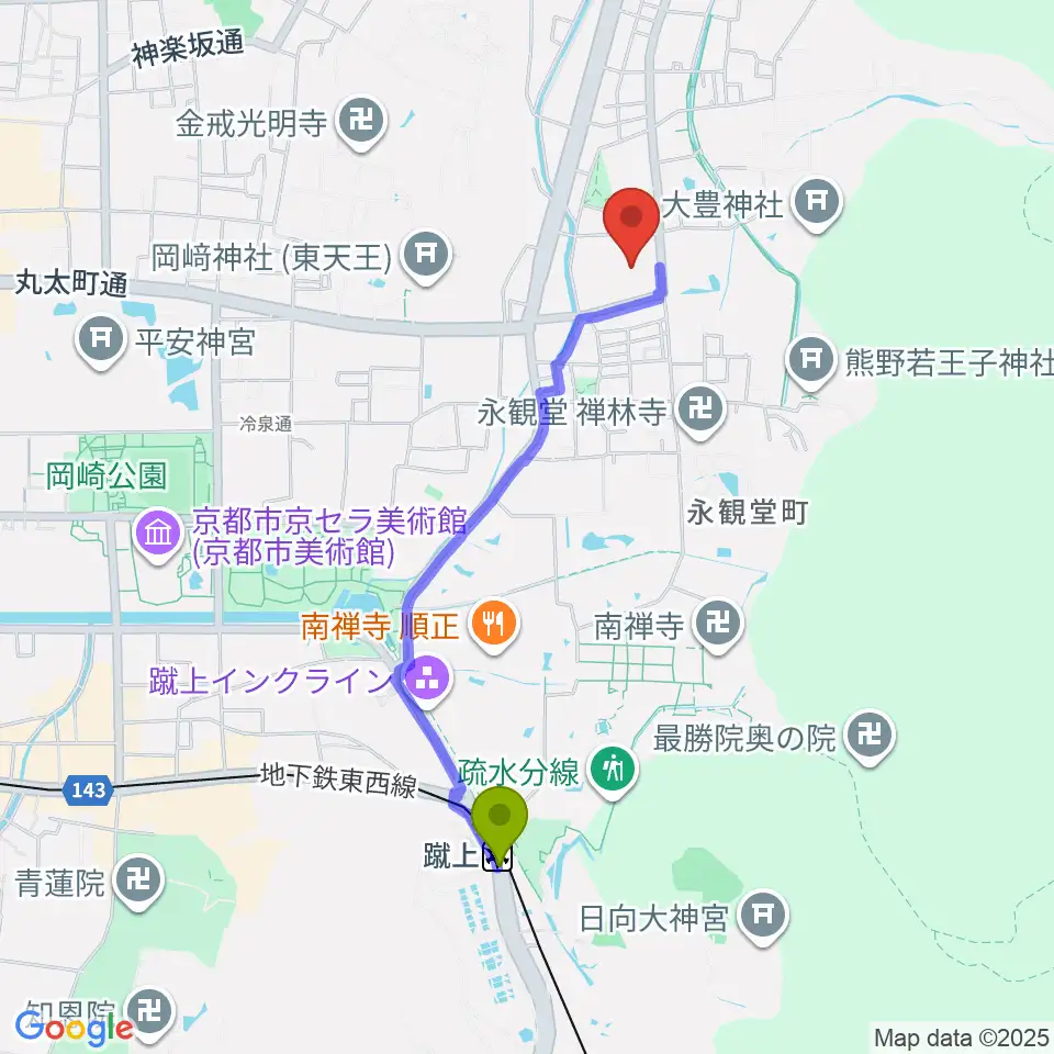 泉屋博古館の最寄駅蹴上駅からの徒歩ルート（約18分）地図