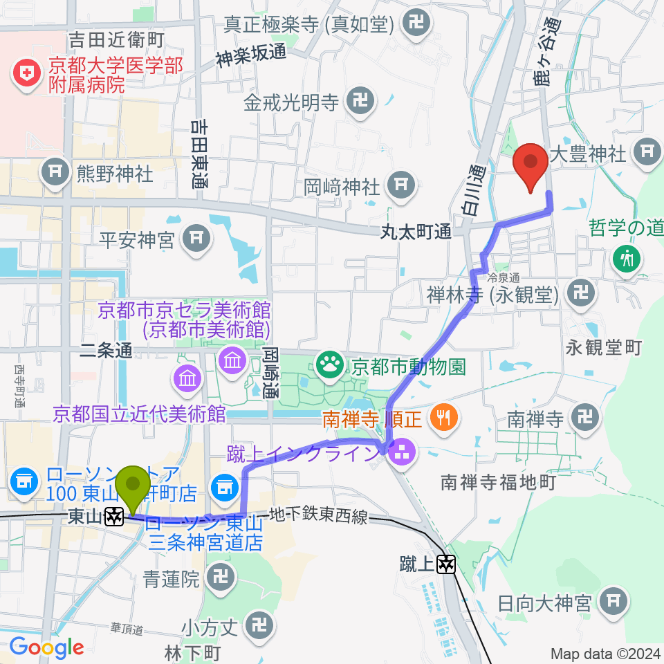 東山駅から泉屋博古館へのルートマップ地図