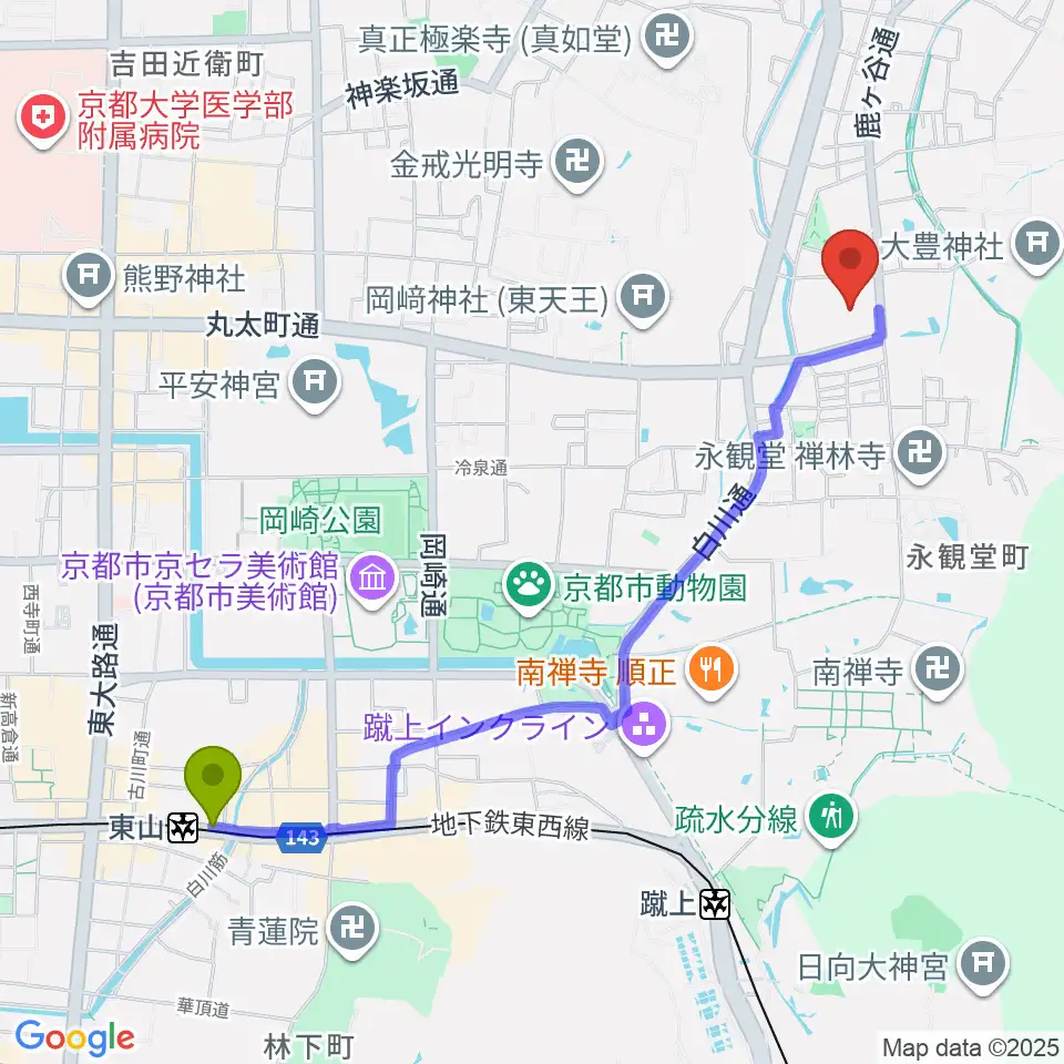 東山駅から泉屋博古館へのルートマップ地図