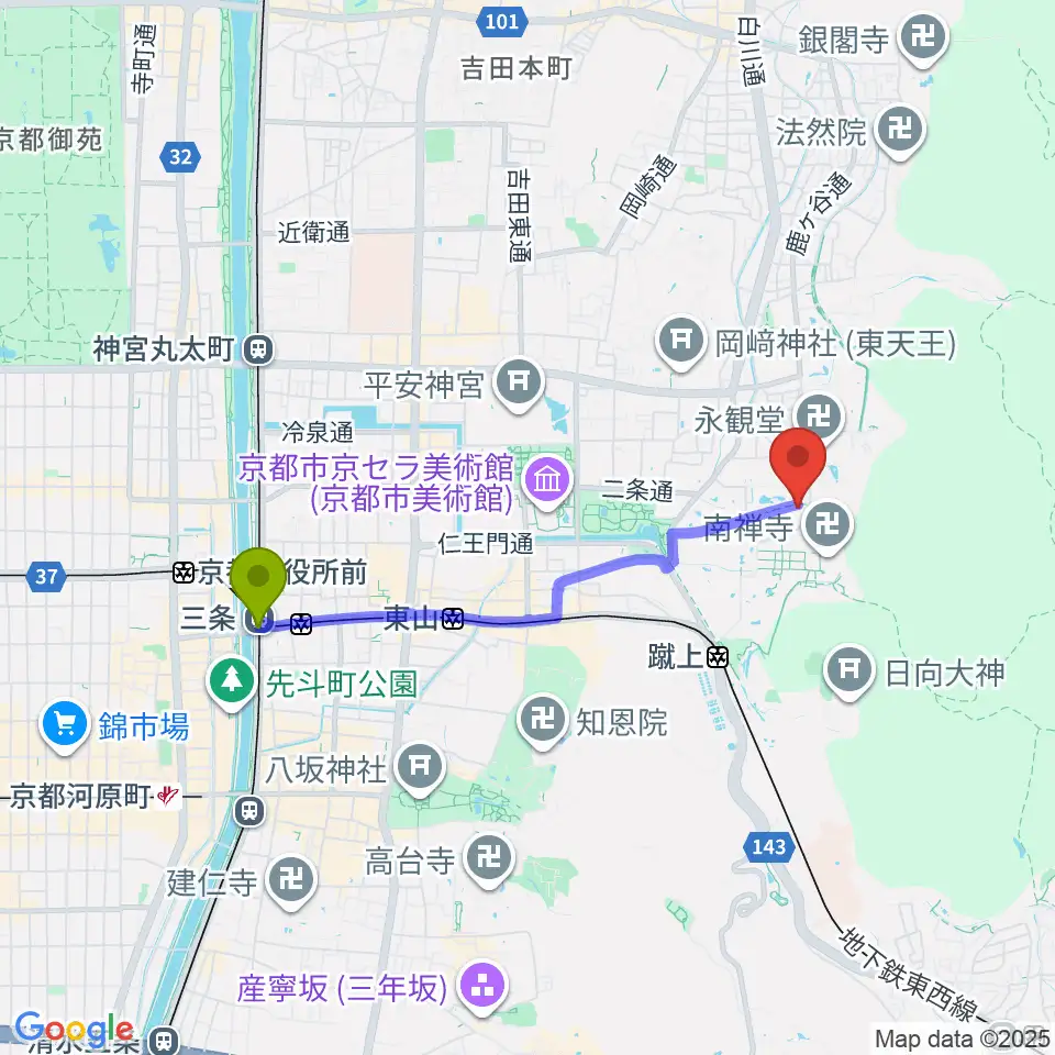 三条駅から野村美術館へのルートマップ地図