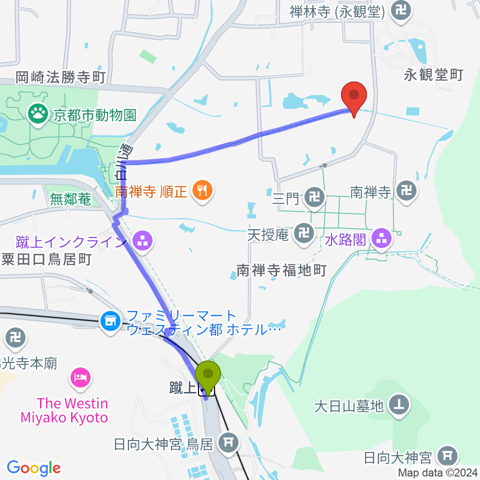 野村美術館の最寄駅蹴上駅からの徒歩ルート（約10分）地図