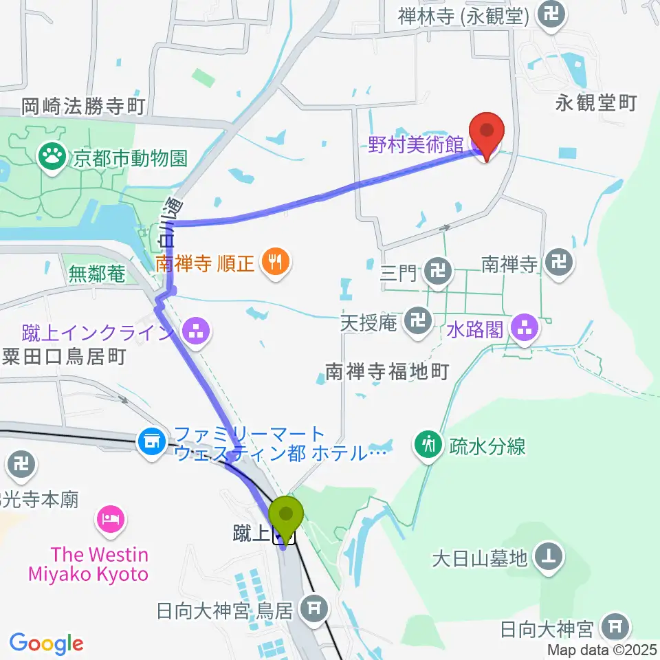 野村美術館の最寄駅蹴上駅からの徒歩ルート（約10分）地図