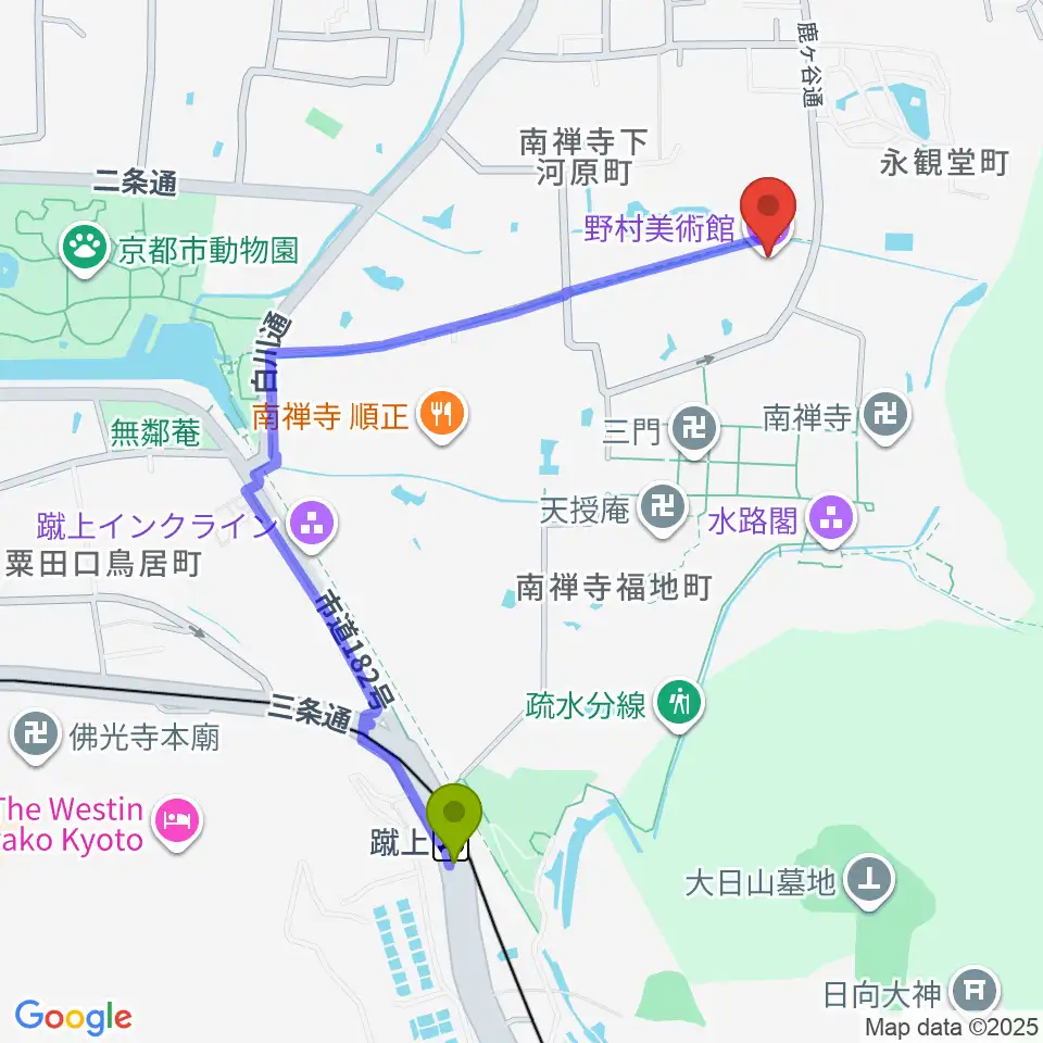 野村美術館の最寄駅蹴上駅からの徒歩ルート（約10分）地図