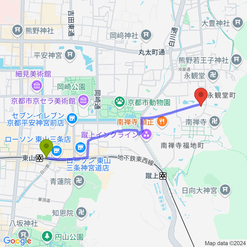 東山駅から野村美術館へのルートマップ地図