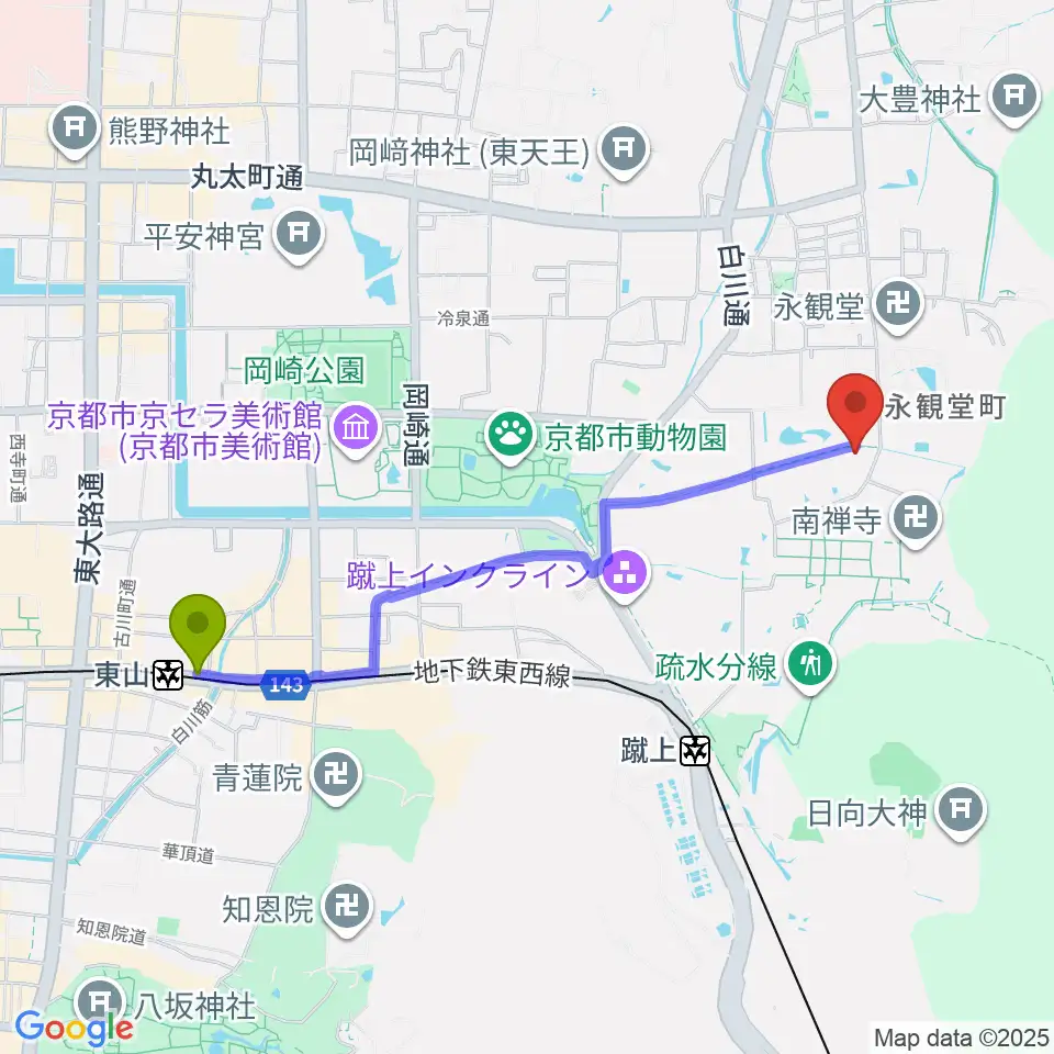 東山駅から野村美術館へのルートマップ地図
