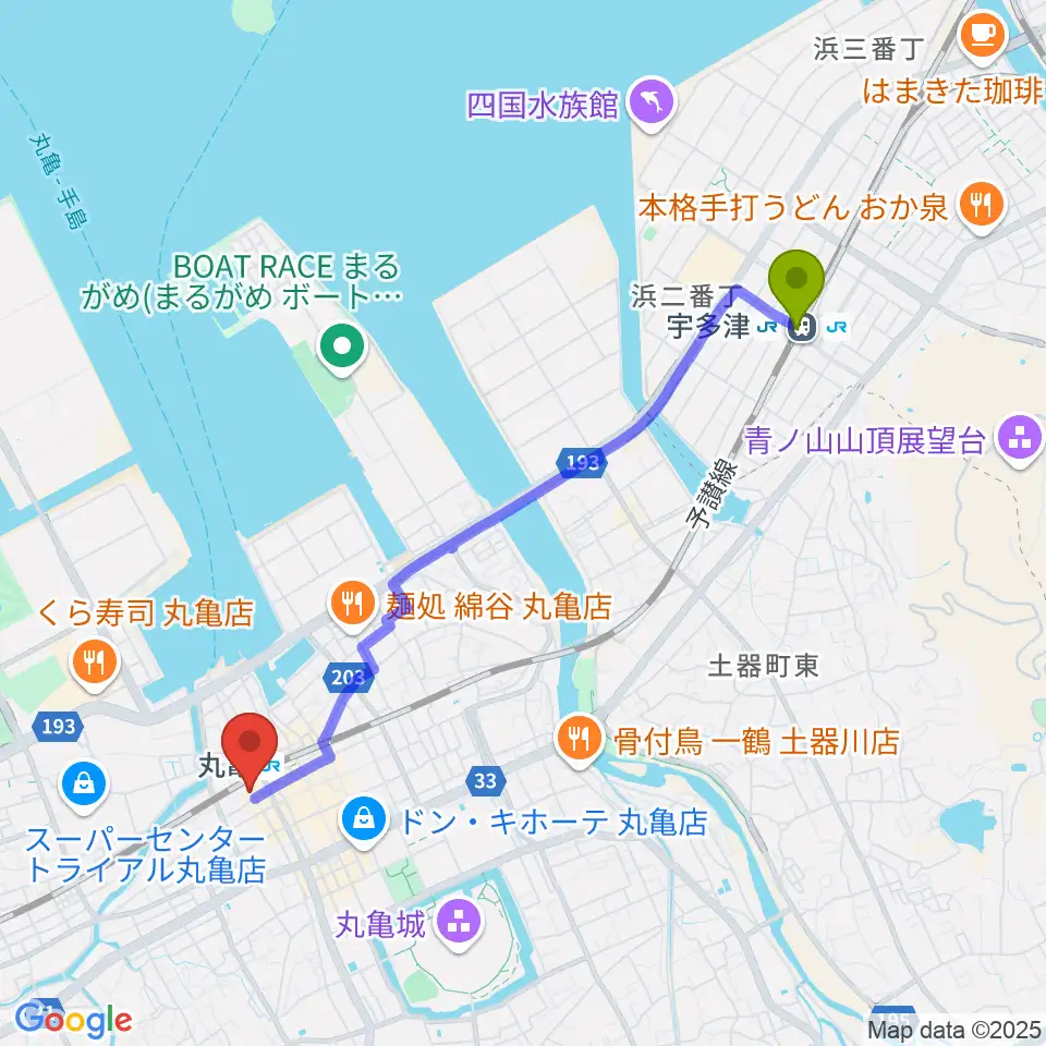 宇多津駅から丸亀市猪熊弦一郎現代美術館（MIMOCA）へのルートマップ地図