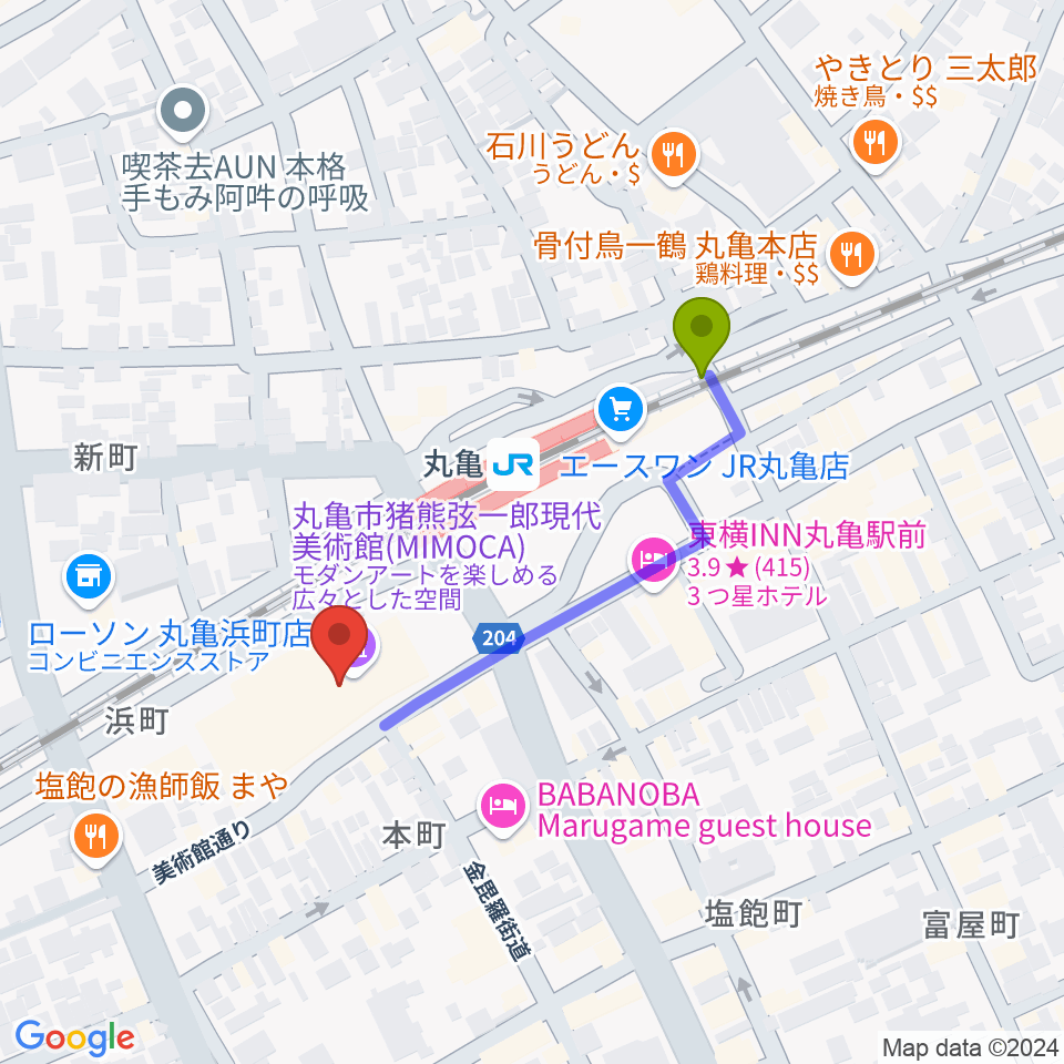 丸亀市猪熊弦一郎現代美術館（MIMOCA）の最寄駅丸亀駅からの徒歩ルート（約4分）地図