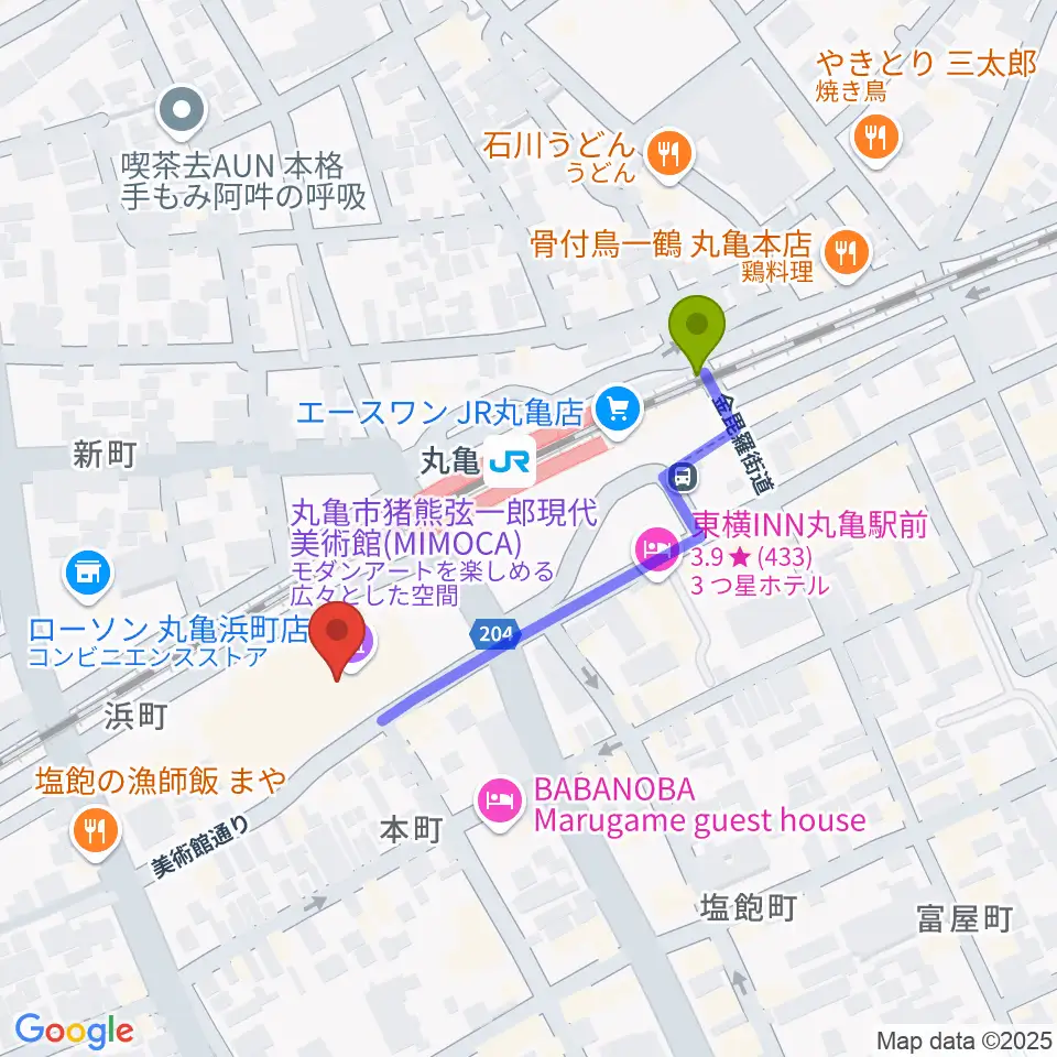 丸亀市猪熊弦一郎現代美術館（MIMOCA）の最寄駅丸亀駅からの徒歩ルート（約4分）地図