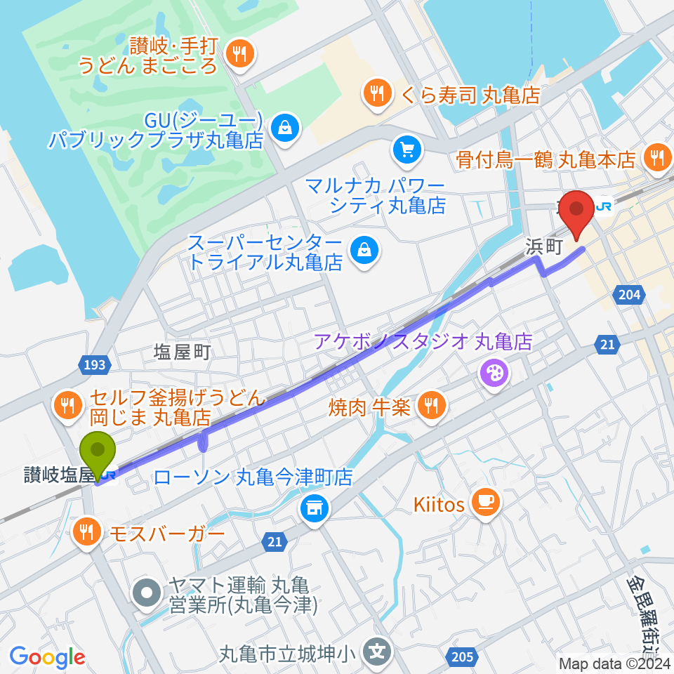 讃岐塩屋駅から丸亀市猪熊弦一郎現代美術館（MIMOCA）へのルートマップ地図