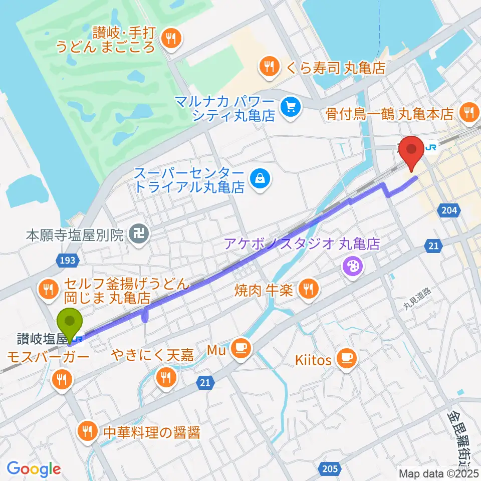 讃岐塩屋駅から丸亀市猪熊弦一郎現代美術館（MIMOCA）へのルートマップ地図