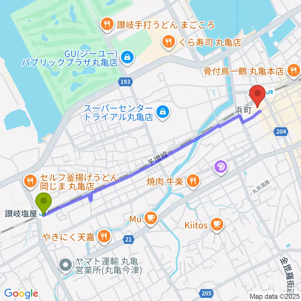 讃岐塩屋駅から丸亀市猪熊弦一郎現代美術館（MIMOCA）へのルートマップ地図