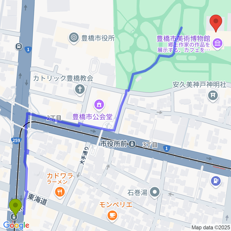 札木駅から豊橋市美術博物館へのルートマップ地図